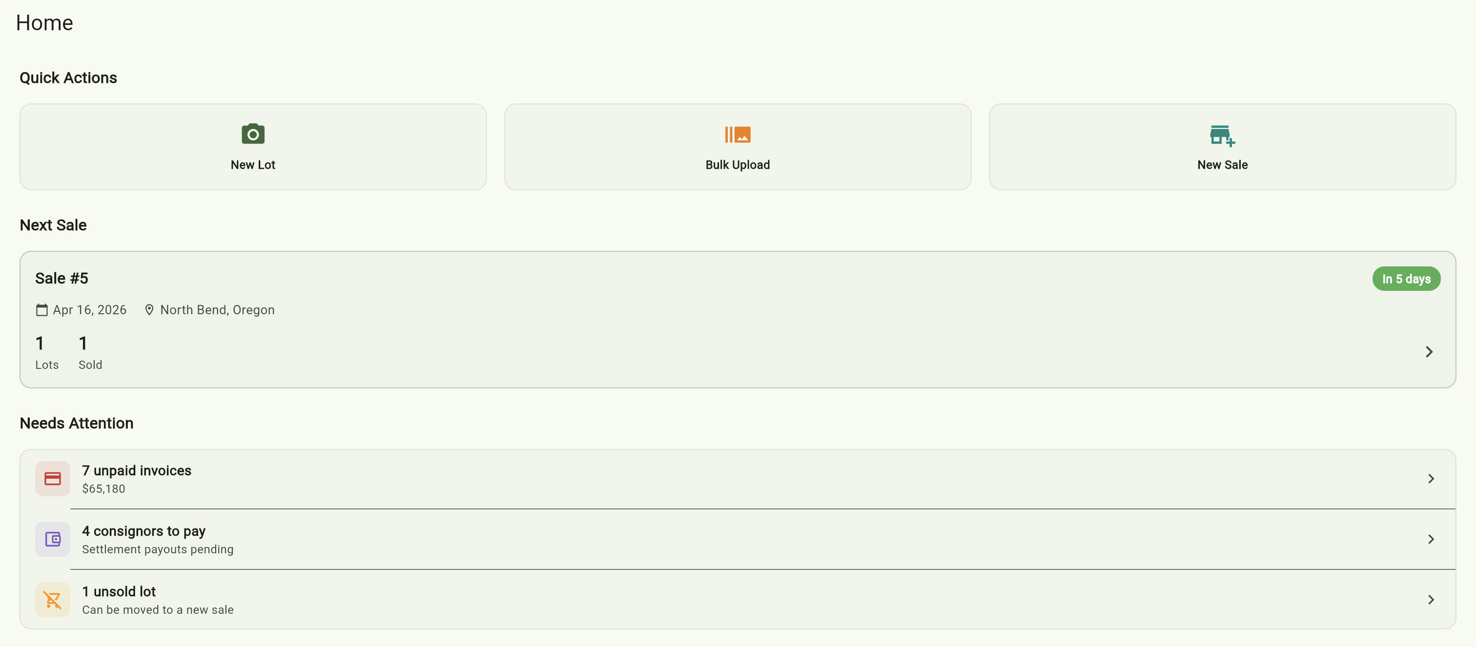 LotDeck dashboard with upcoming sales and alerts